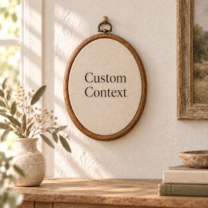 以下が含まれることがあります： ダークブラウンで「Custom Context」という文字がプリントされたベージュの布地をはめ込んだ、楕円形の木製刺繍枠。木製の縁の上部中央には、真鍮色の小さな金属製の吊り下げ用ループが付いています。