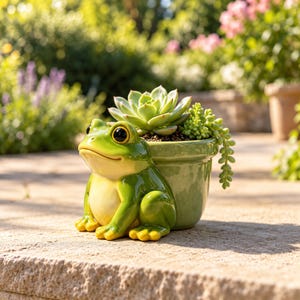Può includere: Un vaso in ceramica verde lucido a forma di rana seduta con grandi occhi neri e pancia giallo pallido. Il vaso contiene una pianta succulenta verde con un fusto ricadente di piccole foglie, creando un contenitore decorativo per piante.
