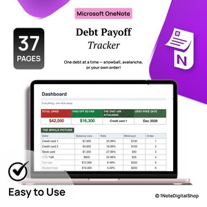 May include: A Microsoft OneNote Debt Payoff Tracker digital template featuring 37 pages. The display shows a dashboard with a debt summary table, including columns for total owed, paid off, debt name, and debt-free date, plus a detailed list.