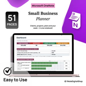 May include: A Microsoft OneNote small business planner with 51 pages, featuring a dashboard display on a laptop screen. The interface shows financial data, including cash in the bank, buffer days, and quarterly goals with progress bars.