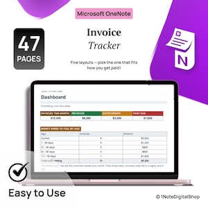 May include: A digital Microsoft OneNote invoice tracker template featuring 47 pages and five layouts. The display shows a dashboard with financial tables for invoiced, received, outstanding, and past due amounts, plus money owed by age.