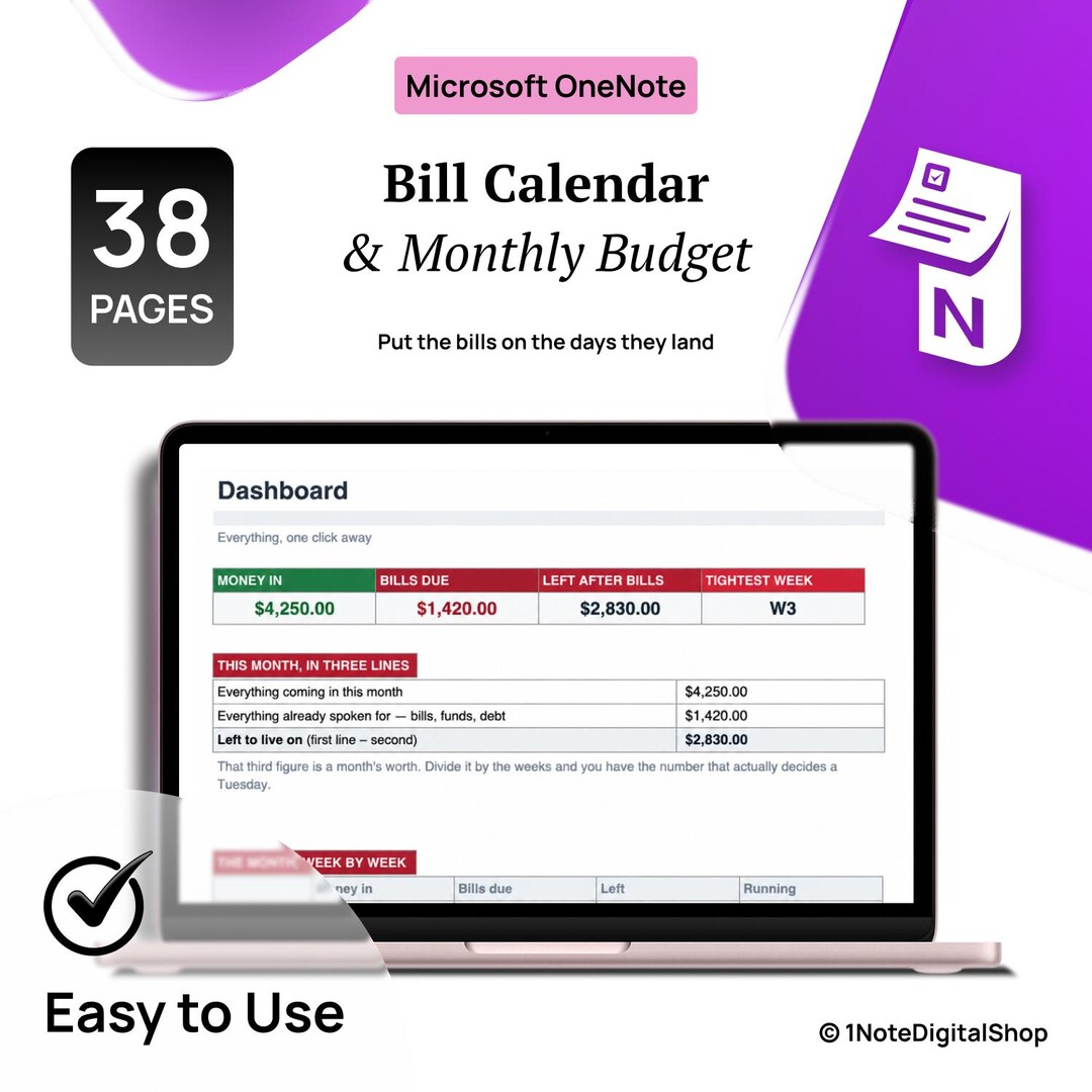 Planner Pages Onenote Onenote Template Bill Calendar & Bill Tracker, Due Date Organizer, Week ...