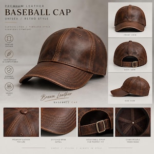 May include: A brown leather baseball cap featuring a six-panel construction with visible stitching on the brim, a button on the crown, and an adjustable strap with a metal buckle at the back. The interior includes a fabric lining and inner band.