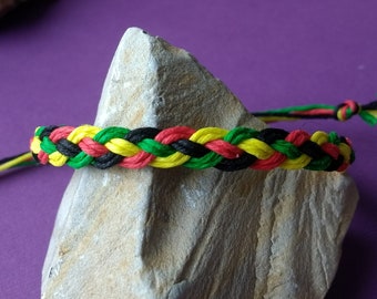 Braided Hemp Anklet or Bracelet in Rasta Yellow Green Red & Black.  Braided Hippie Surfer Jewelry for men women and all ages