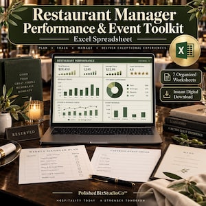 May include: A digital Restaurant Manager Performance & Event Toolkit Excel spreadsheet displayed on a laptop screen, featuring data charts, revenue trends, and menu categories, accompanied by printed weekly manager plan and catering event order forms.