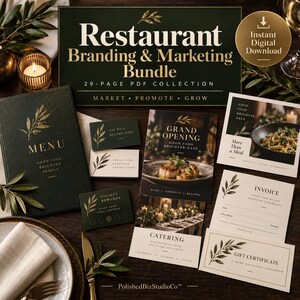 Könnte beinhalten: Ein Restaurant-Branding- und Marketing-Paket mit einer 29-seitigen PDF-Sammlung. Das Set enthält ein Menü-Cover, Visitenkarten, Flyer, eine Rechnung und einen Geschenkgutschein, alle verziert mit goldenen Olivenzweig-Illustrationen auf dunkelgrünem Papier.
