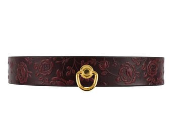 BDSM Collar - Red Leather Choker - Gothic Choker - Leather Choker - Slave Collar -  Bondage Collar - Red Rose Collar