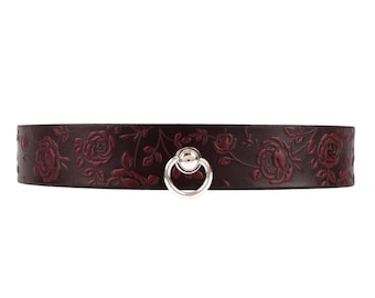 BDSM Collar - Red Leather Choker - Gothic Choker  Bondage Collar - Red Rose Collar