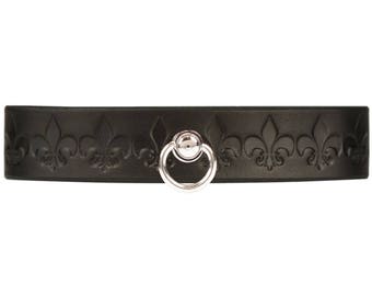 Black Leather Collar - BDSM Collar - Fleur De Lis Collar