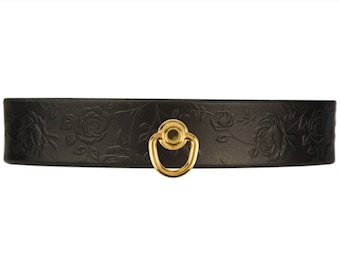 Black Gothic Collar - Black Leather Collar - Black Slave Collar -  Black Bondage Collar - Black Rose BDSM Collar