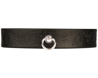 Black Rose Collar - BDSM Collar - Black Leather Collar  - Slave Collar -  Bondage Collar