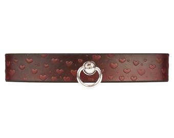 Red Hearts Collar - Red Slave Collar -  Red Bondage Collar - Red Leather Choker
