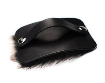 Petting Brush - Fur Pad - Hand of Praise - Black Leather - Faux Fur - Mocha