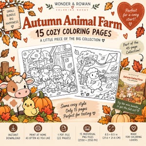 Può includere: Un pacchetto di libri da colorare digitale intitolato Autumn Animal Farm con 15 pagine di illustrazioni di animali da fattoria, zucche e foglie autunnali. Include un file PDF, 15 file PNG e dimensioni di 21,6 x 21,6 cm per il download.