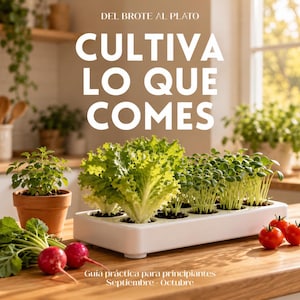 Peut inclure: Un bac de plantation rectangulaire blanc avec plusieurs ouvertures circulaires contenant des pousses vertes et de la laitue. Le texte indique DEL BROTE AL PLATO, CULTIVA LO QUE COMES, et Guía práctica para principiantes Septiembre - Octubre.