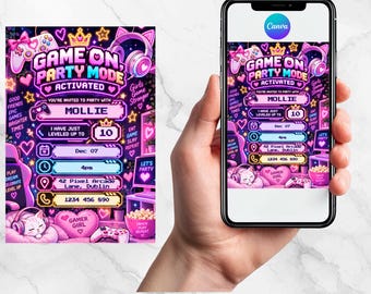 Bearbeitbare Geburtstagseinladung für Gamer-Girls | Canva-Vorlage (Digitaler Download)