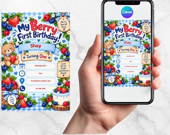Bearbeitbare Einladung zum ersten Geburtstag mit Beerenmotiv | Canva-Vorlage (Digitaler Download)