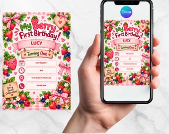 Bearbeitbare Einladung zum ersten Geburtstag mit Beerenmotiv | Canva-Vorlage (Digitaler Download)