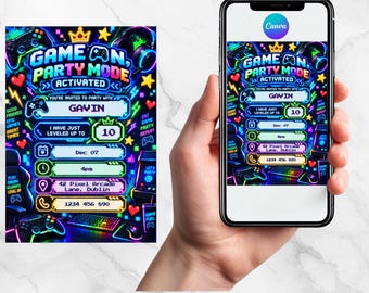 Bearbeitbare Einladungsvorlage für Gamer-Geburtstagsfeiern | Canva | Sofort-Download | Einladung zur Gaming-Party für Jungen | Digitaler Druck