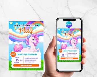 Bearbeitbare Einhorn-Geburtstagseinladung | Canva-Vorlage (Digitaler Download)