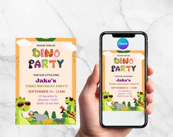 Bearbeitbare Dinosaurier-Geburtstagseinladungsvorlage | Canva (Digitaler Download)