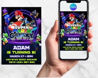 Bearbeitbare Einladung zum Galaxy-Abenteuer-Geburtstag | Retro-Gaming-Party (Canva-Vorlage)