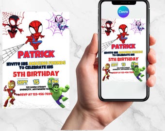 Bearbeitbare Superhelden-Geburtstagseinladung | Canva | Sofort-Download | Einladung zur Comic-Party für Jungen | Digitaler Druck