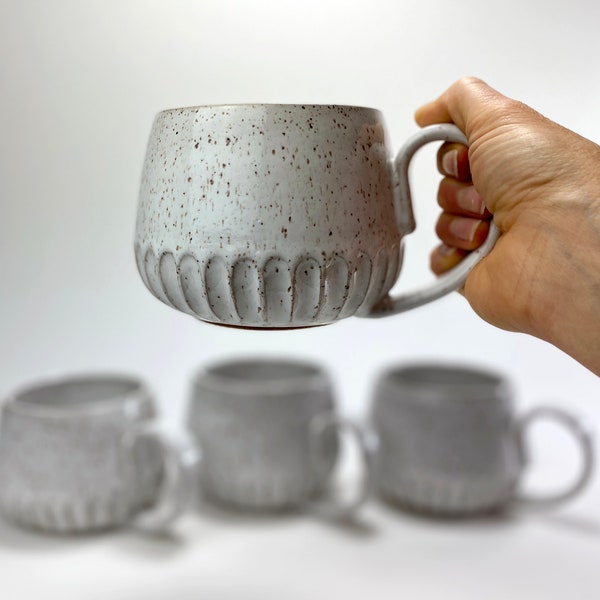 Large Hand-Carved White Stoneware Ceramic Mugs