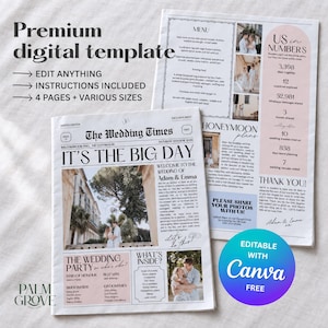 May include: A premium digital wedding newspaper template featuring a front page titled The Wedding Times with photos of a couple, wedding party details, and a second page with a menu, honeymoon plans, and a section titled US in Numbers.