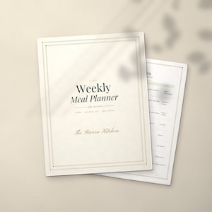 May include: A cream-colored weekly meal planner with a thin border and black text that reads The Weekly Meal Planner, Menu, Grocery List, Prep Notes, and The Rivera Kitchen. A second page shows a grid layout for meal planning.