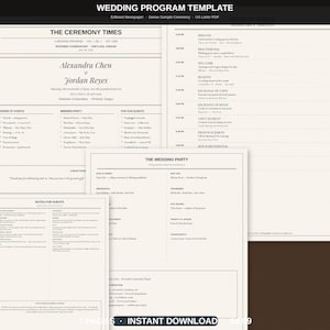 May include: A wedding program template designed as an editorial newspaper titled The Ceremony Times. The document features black text on a white background, including sections for the order of events, wedding party, and notes for guests.