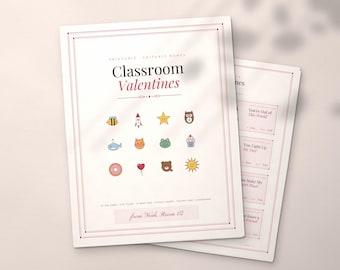 Ausdruckbare Valentinskarten für Kinder, 24 bearbeitbare Valentinskarten für die Klasse, Geschenkanhänger und Lehrerkarte (PDF)