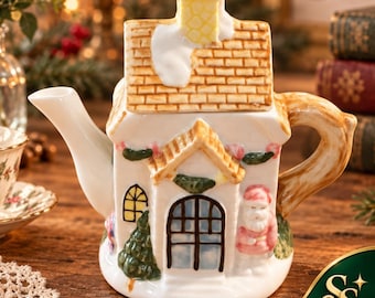 Ceramic Christmas Cottage Teapot Santa Claus Snow Roof Holiday Decor