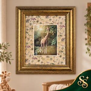May include: A framed wall art piece featuring a central illustration of a giraffe standing in a lush green jungle, surrounded by a border pattern of various safari animals and trees on a light tan background, encased in a gold frame.