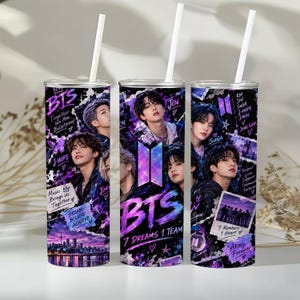 May include: Three cylindrical tumblers with white straws, featuring a purple and black collage design of the music group BTS. The graphics include portraits of the members, the BTS logo, city skylines, and text such as 7 Dreams 1 Team, 7 Members 1 Heart, and Army Forever.