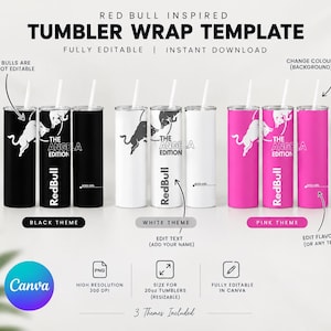 Könnte beinhalten: Eine digitale Becher-Wrap-Vorlage in drei Farbthemen: Schwarz, Weiß und Pink. Jedes Design zeigt eine Stiergrafik, den Text THE ANGELA EDITION, RedBull und BOSS GIRL. Die Vorlage ist für 591 ml Becher konzipiert und in Canva bearbeitbar.