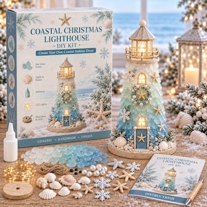 May include: A Coastal Christmas Lighthouse DIY kit featuring a box, a finished lighthouse model with LED lights, sea glass pieces, shells, pearls, a wooden base, adhesive, and an instruction booklet. The lighthouse is decorated with starfish and snowflakes.