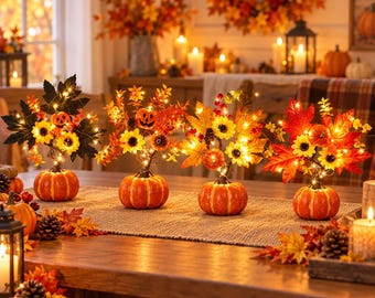 ライトアップされたカボチャの秋のセンターピース、秋のヒマワリとカエデの葉のアレンジメント、ハロウィンのテーブルデコレーション、感謝祭の収穫祭のデコレーション
