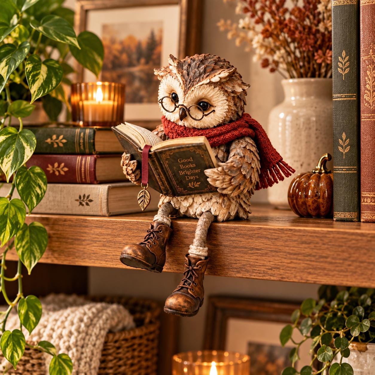 Reading Owl Figurine, Book Lover Shelf Sitter, Cute Owl with Glasses Decor, Cozy Library Ornament, T