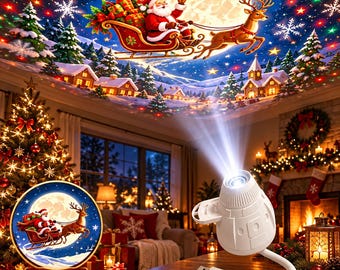 May include: A white USB-powered LED projector lamp with a flexible neck, displaying a Christmas scene of Santa Claus in a sleigh with a reindeer, a full moon, and snowflakes projected onto a ceiling above a decorated living room.