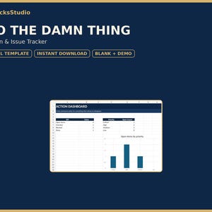 Peut inclure: Un modèle Excel numérique bleu foncé intitulé DO THE DAMN THING Action & Issue Tracker. Il présente un tableau de bord d'action avec des tableaux pour les valeurs KPI et les priorités, ainsi qu'un graphique à barres des éléments ouverts.