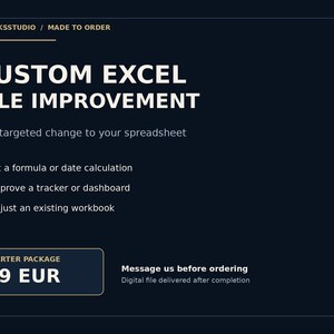 以下が含まれることがあります： ダークブルーのデジタルグラフィック。白い文字で「CUSTOM EXCEL FILE IMPROVEMENT」「One targeted change to your spreadsheet」「Fix a formula or date calculation」「Improve a tracker or dashboard」「Adjust an existing workbook」「Message us before ordering」と記載されています。