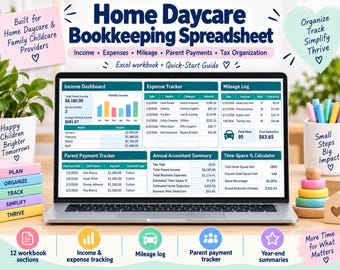 Home Daycare Bookkeeping Spreadsheet | Income, Expenses, Mileage, Tax Organizer (Digital Download)