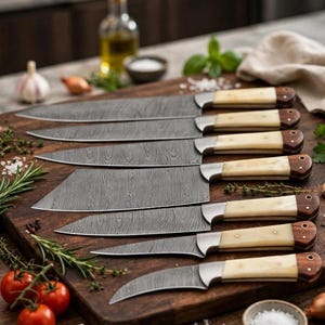 Hand-Forged Damascus Steel Chef Knife Set (7-Piece) with Rosewood Handles