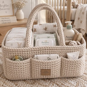 May include: A beige crocheted storage basket with a central handle and multiple compartments. It contains baby diapers, a pack of Pampers sensitive wipes, an Aveeno baby lotion bottle, a pacifier, a small stuffed animal, and a tube of Honest baby cream.