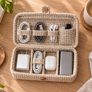 May include: A beige crochet organiser case with a button closure, featuring multiple interior compartments and elastic loops. It holds various electronic accessories, including white charging cables, a power adapter, wireless earbuds, and a power bank.
