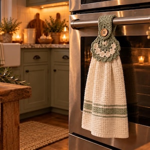 May include: A cream-coloured waffle-weave kitchen towel with sage green stripes hanging from an oven handle. The towel features a crocheted sage green and cream scalloped topper secured with a single brown wooden button at the centre.
