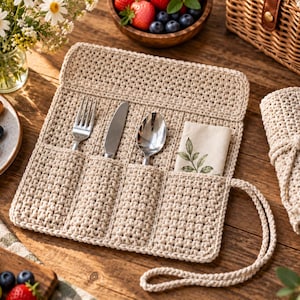 May include: A beige crochet cutlery roll featuring four vertical pockets containing a silver fork, a silver knife, a silver spoon, and a folded napkin with a green leaf print. The organizer has a flap top and a long matching crochet tie closure.