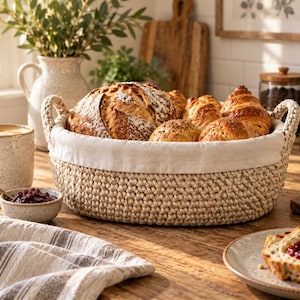 May include: A round, woven beige basket with two side handles and a cream-coloured fabric liner, filled with a variety of baked goods including a large round loaf of bread and several golden-brown croissants, sitting on a wooden surface.