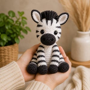 May include: A small, handcrafted crochet zebra toy featuring a white body with black stripes, a dark mane, and two large black eyes. The stuffed animal is designed with a rounded head, pointed ears, and four short legs in a seated position.